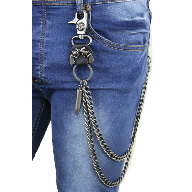 Men Black Long Wallet Chains Metal Links KeyChain Jeans 2 Strands Chunky Biker 